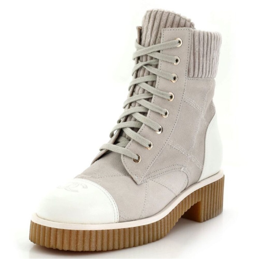 Authentic Chanel Gray and White combat Boots 36.5 Limited Edition.